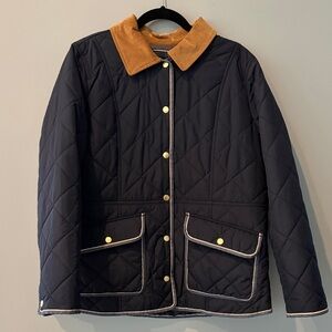 Talbots Navy Quilted Barn Jacket with Tan Corduroy Collar
